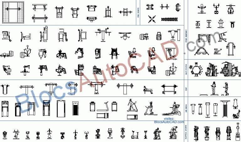 EQUIPEMENTS DE GYM en plan et elevation vue (Blocs autocad dwg)